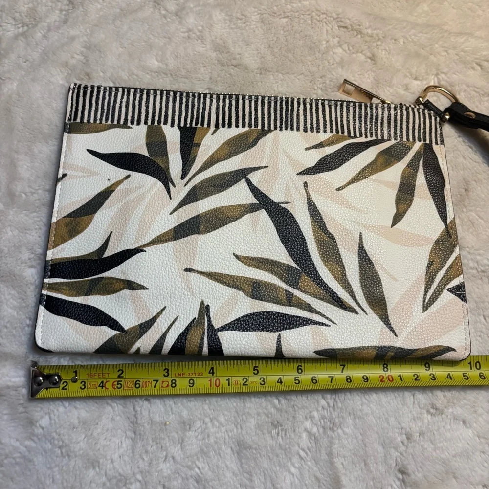 A New Day Wristlet Black White Green Taupe Tropical Leaf Vegan Cloth Interior